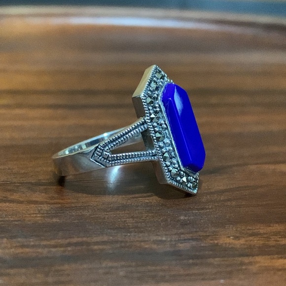 Sterling Silver Blue Lapis Diamond Shaped Marcasite Ring Size 7 - Picture 4 of 7